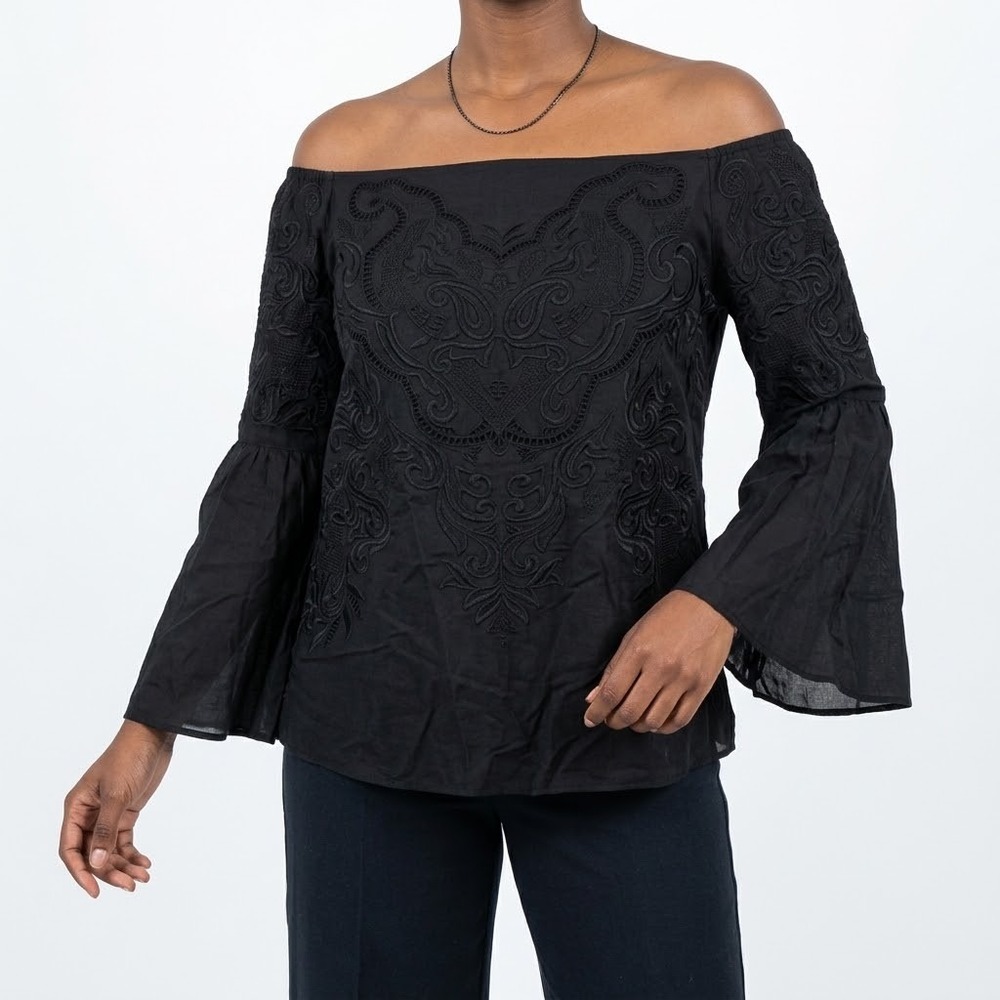 INTERMIX Off-The-Shoulder Blouse Women Large Black Embroidered Bell Sleeve